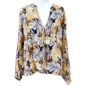 C&C California 100% Linen Button Down Shirt Tropical Palm Leaf Women's Size XL